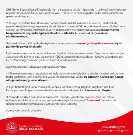 İçişleri Bakanlığı'ndan Kılıçdaroğlu'na çağrı! Seçmen bilgilerinin kaynağının neresi olduğunu açıklayınız!